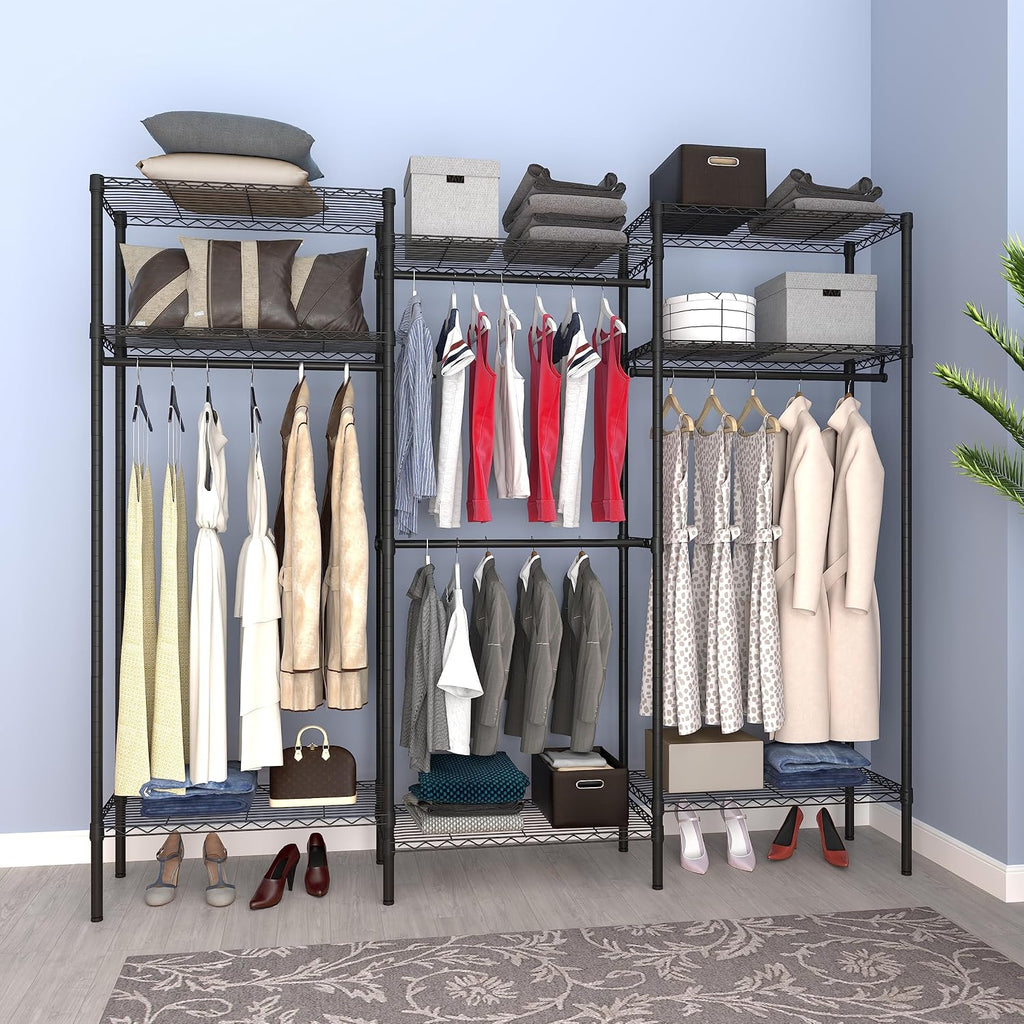 Heavy Duty Clothes Rack,Freestanding Clothing Shelf,Metal Garment Rack,Adjustable Custom Closet Shelf, 75' L x 13.8' W x 75.2' H, Max Load 800LBS, Large(Black)