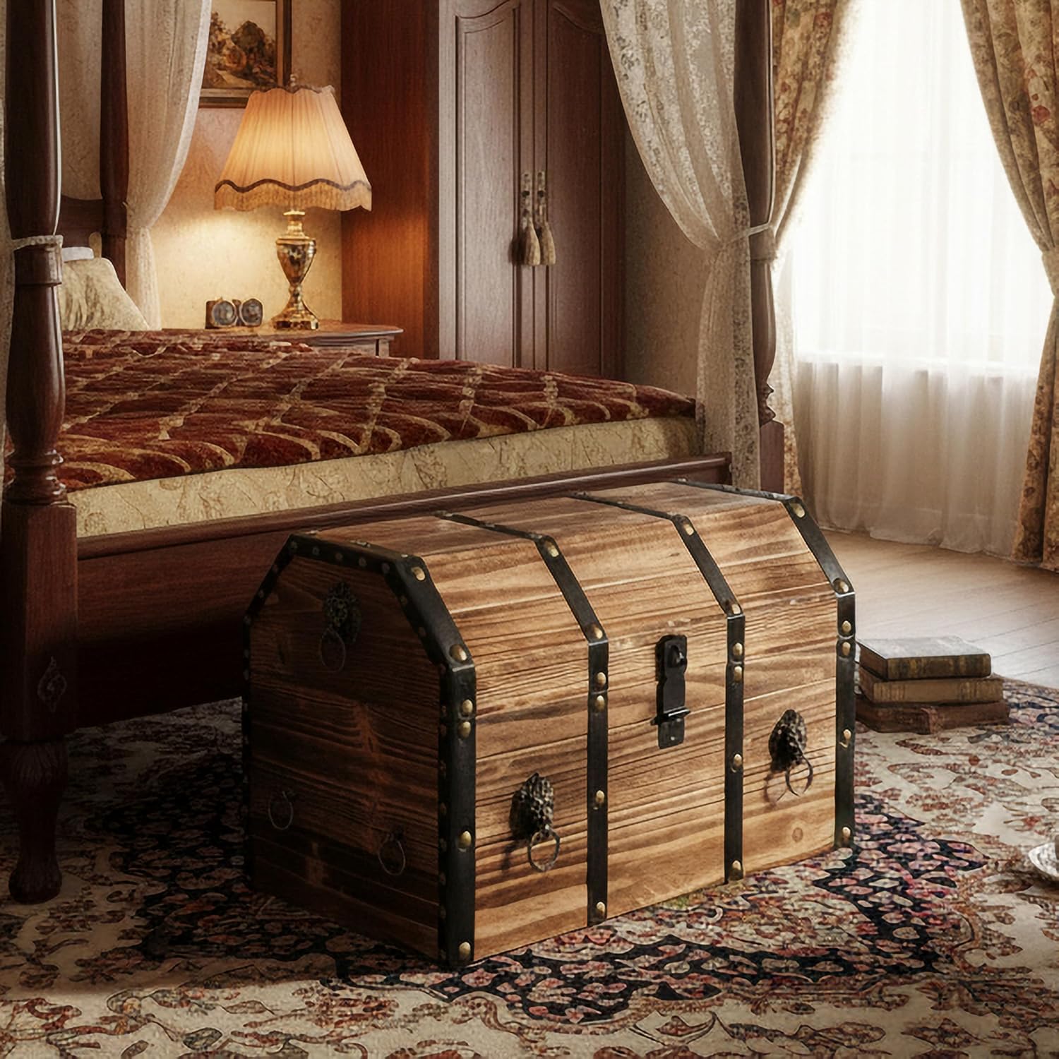 Vintiquewise Wooden Treasure Chest Trunk Vintage-Style Storage Box with Leather Straps Brass Rivets Lion Head Ornaments & Latch Closure Decorative Accent and Functional Organizer for Home Décor, Large