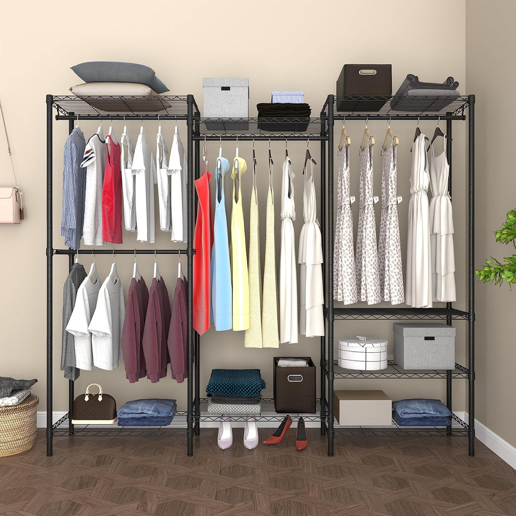 Heavy Duty Clothes Rack,Freestanding Clothing Shelf,Metal Garment Rack,Adjustable Custom Closet Shelf, 75' L x 13.8' W x 75.2' H, Max Load 800LBS, Large(Black)