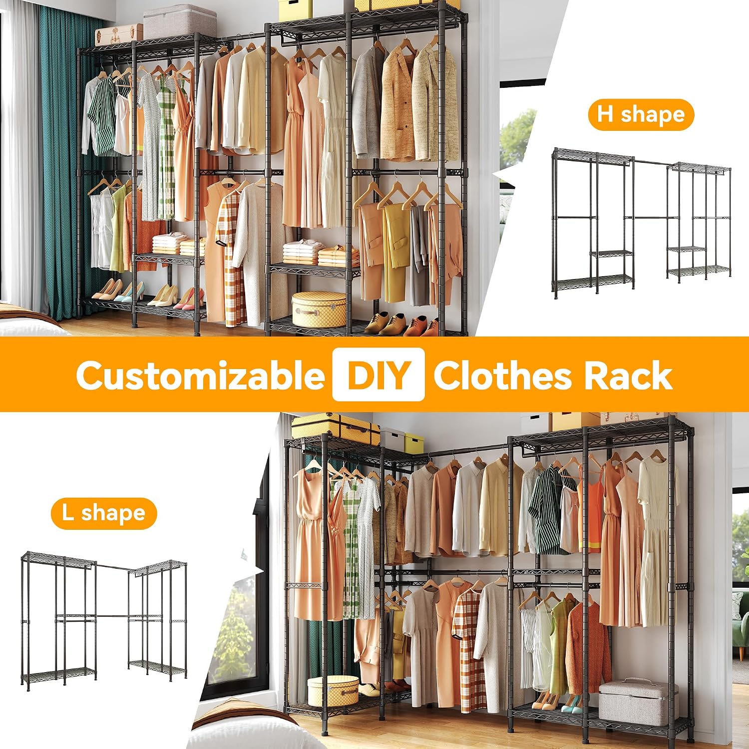 Higeego H5 Pro Heavy Duty Garment Rack, Freestanding Clothes Rack, Wardrobe Closet for Hanging Clothes, Portable Closet Organizer with Expandable Hanger Rods, (97.7-115.4')L x 15.7'W x 75.4'H, Black