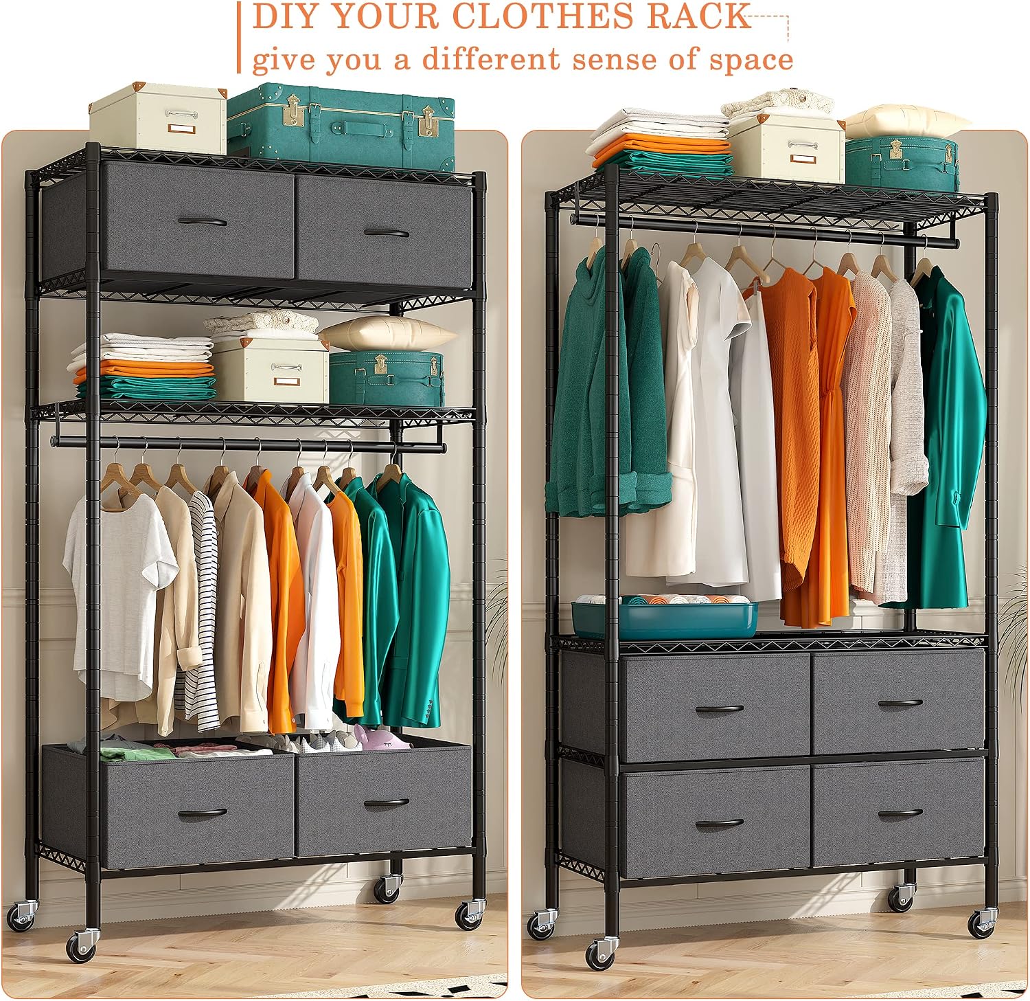 Raybee Rolling Clothes Rack for Hanging Clothes, Clothing Rack with 4 Fabric Drawers and Wheels, Portable,Adjustable,Sturdy,Black