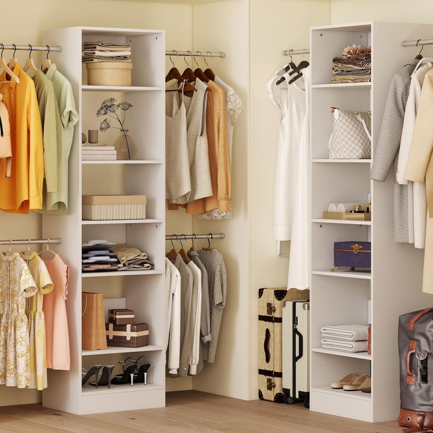 Closet System, 3Ft-5Ft Closet Organizer System With Adjustable Shelves, Walk-In Closet Storage System With 5 Expandable Hanging Rods, Adjustable Cloth Garment Rack from 3 to 5FT, White