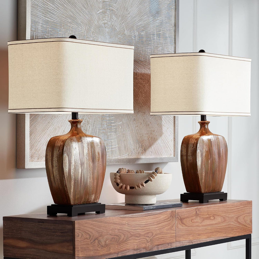 Possini Euro Design Julius Modern Rustic Style Table Lamps 27' Tall Set of 2 Ceramic Copper Drip Rectangular Fabric Shade Decor for Living Room Bedroom House Bedside Nightstand Home Office Reading