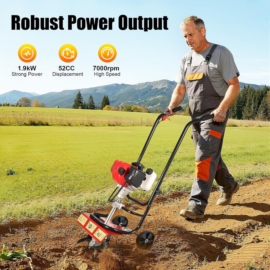 Mini Tiller Cultivator, 52CC 2-Stroke Gas Powered Rototiller Hand Rotary Cultivator Lightweight Tiller Garden Tool for Lawn, Digging, Weed Removal, Soil Cultivation