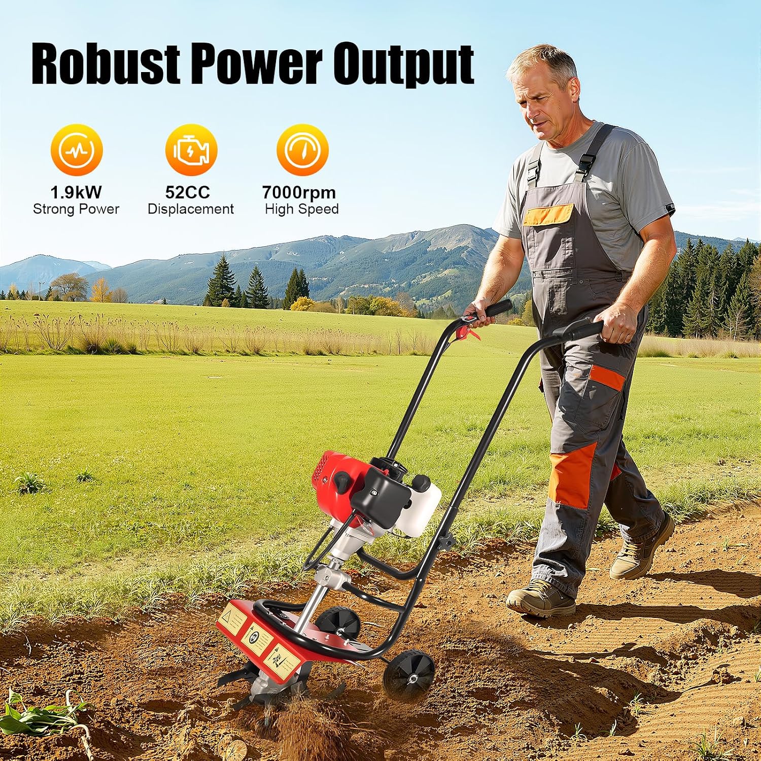 52CC 2 Stroke Tiller Cultivator Gas Powered, 1900W Rototiller Gas Powered Hand-Push Soil Tillage Machine Mini Gasoline Tiller 6500-7000RPM for Lawn Garden Field Soil Cultivation