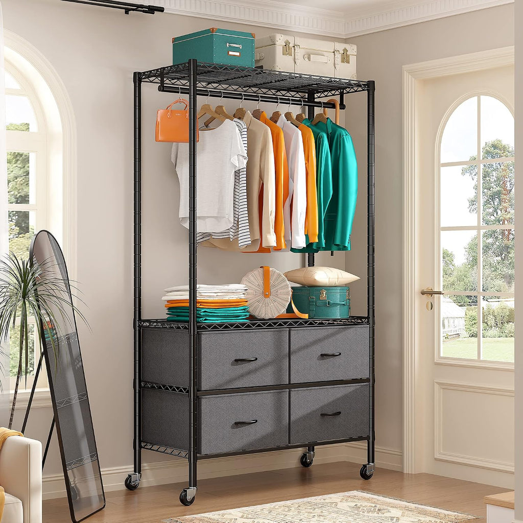 Raybee Rolling Clothes Rack for Hanging Clothes, Clothing Rack with 4 Fabric Drawers and Wheels, Portable,Adjustable,Sturdy,Black