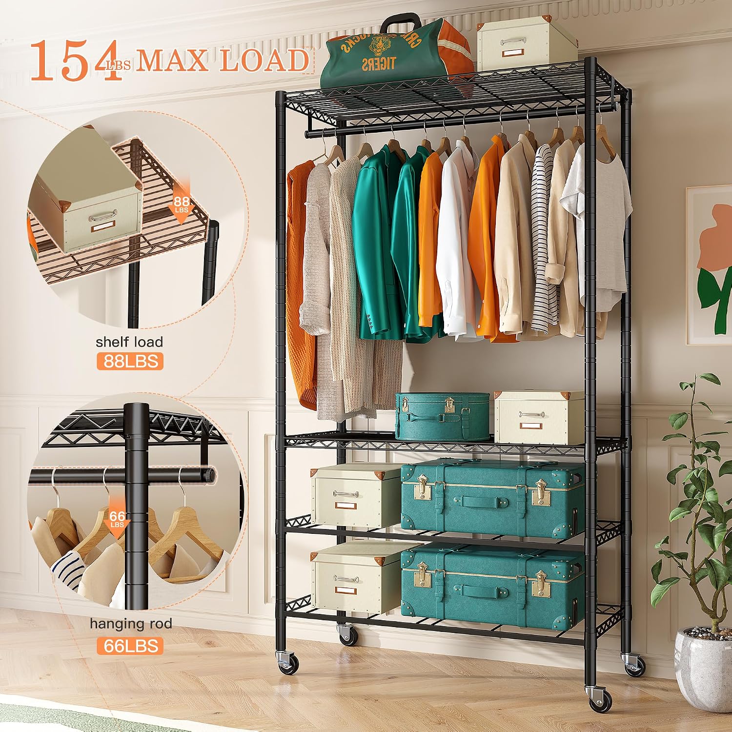 Raybee Rolling Clothes Rack for Hanging Clothes, Clothing Rack with 4 Fabric Drawers and Wheels, Portable,Adjustable,Sturdy,Black