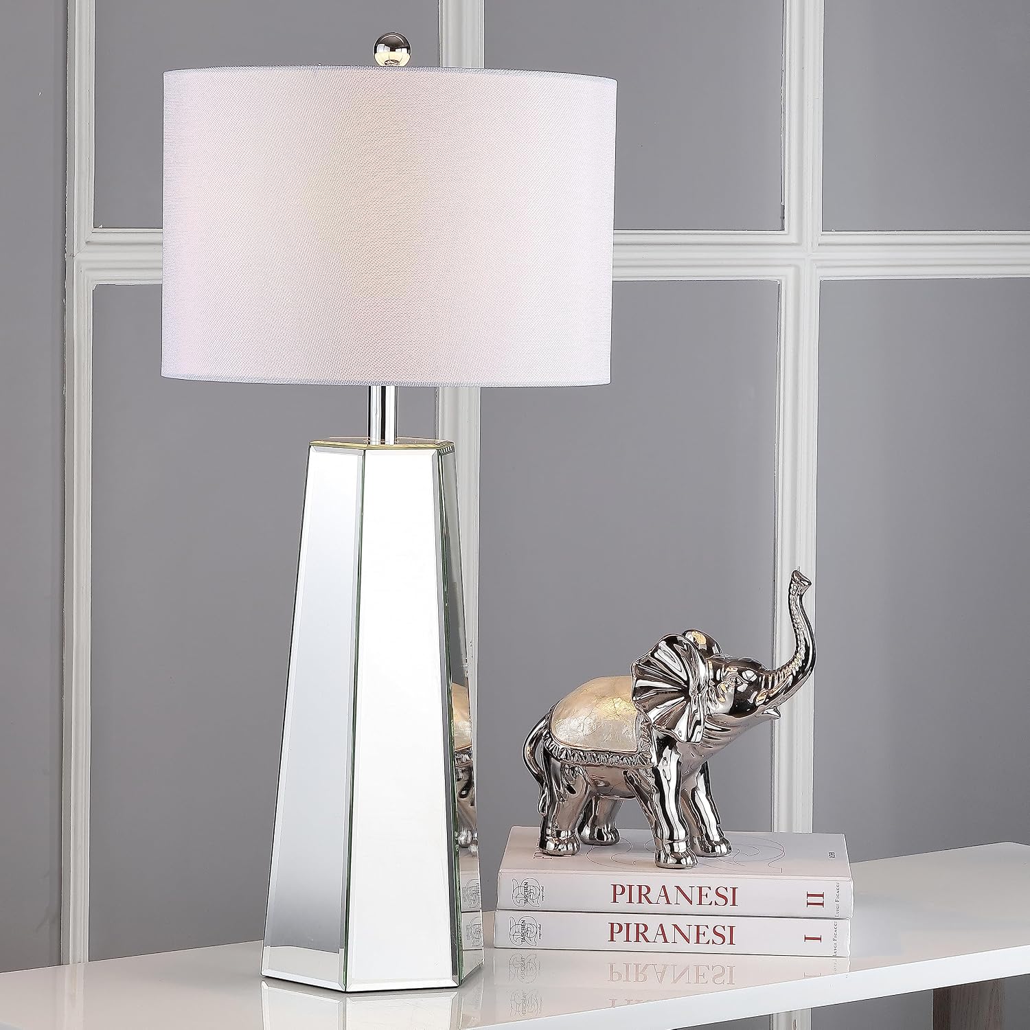SAFAVIEH Lighting Collection Janice Modern Art Deco Mirror Chrome 32-inch Bedroom Living Room Home Office Desk Nightstand Table Lamp Set of 2 (LED Bulbs Included)