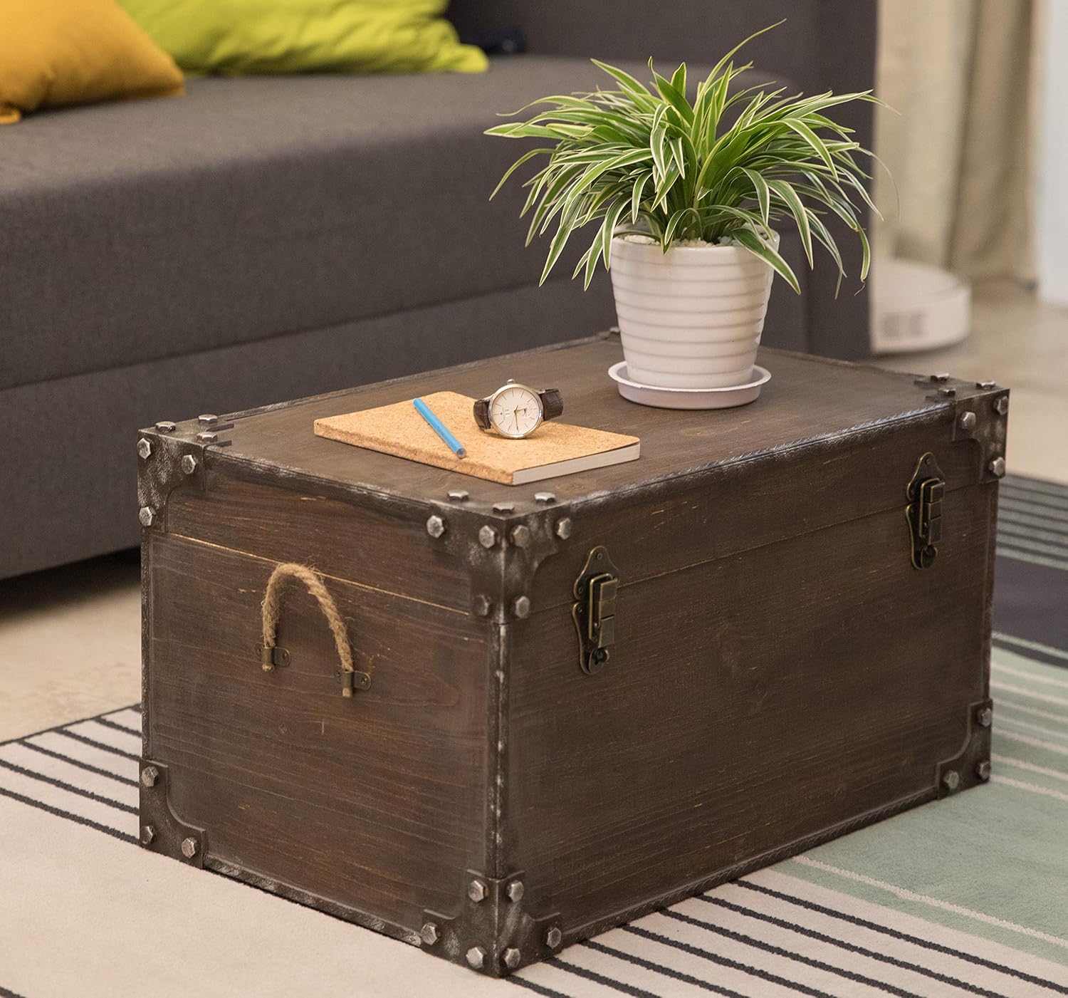 Distressed Wooden Vintage Industrial Style Decorative Trunk with Lockable Latch