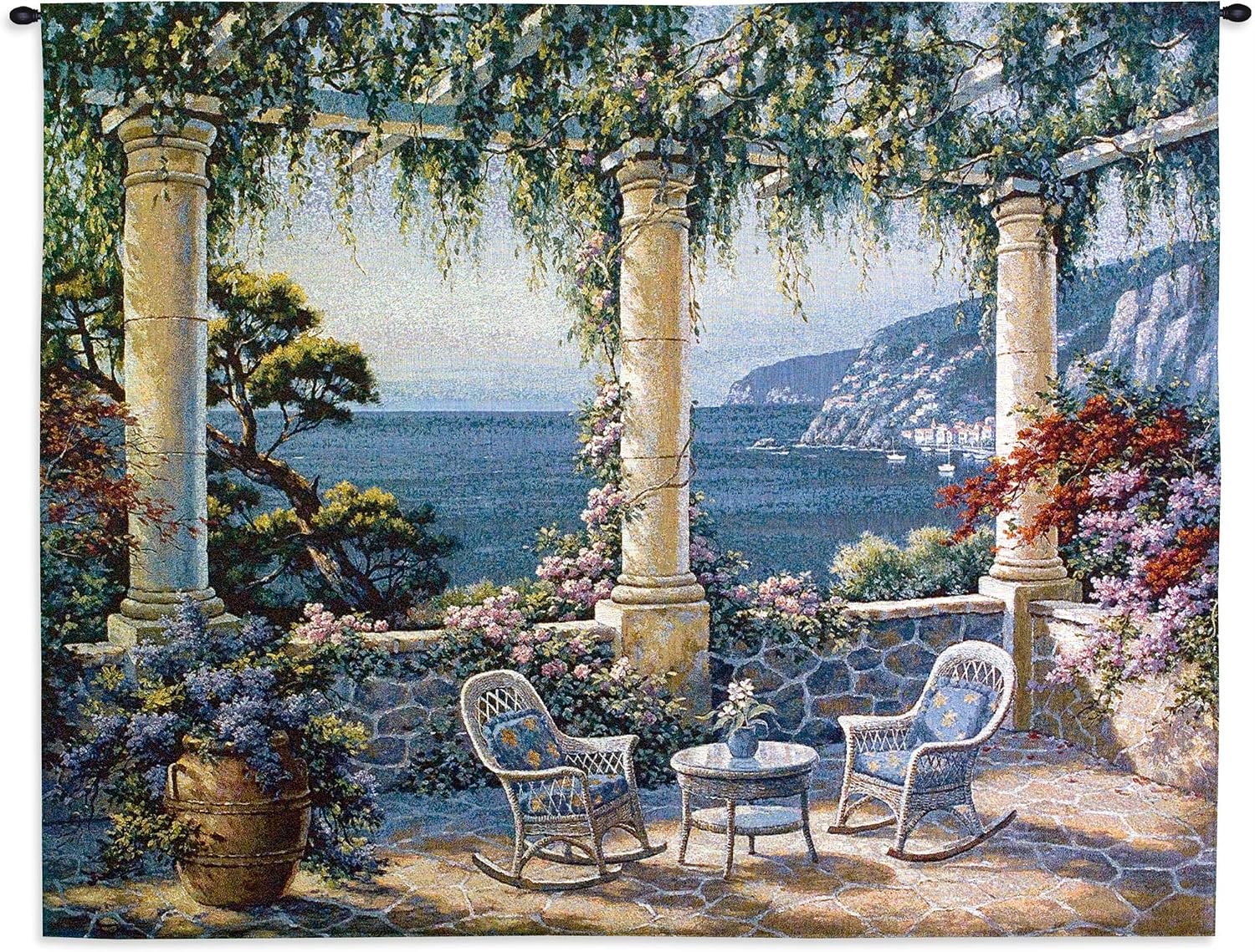 Mediterranean Terrace by Vivian Flasch | Woven Tapestry Wall Art Hanging | Italian Villa Seaside | 100% Cotton USA Size 53x40