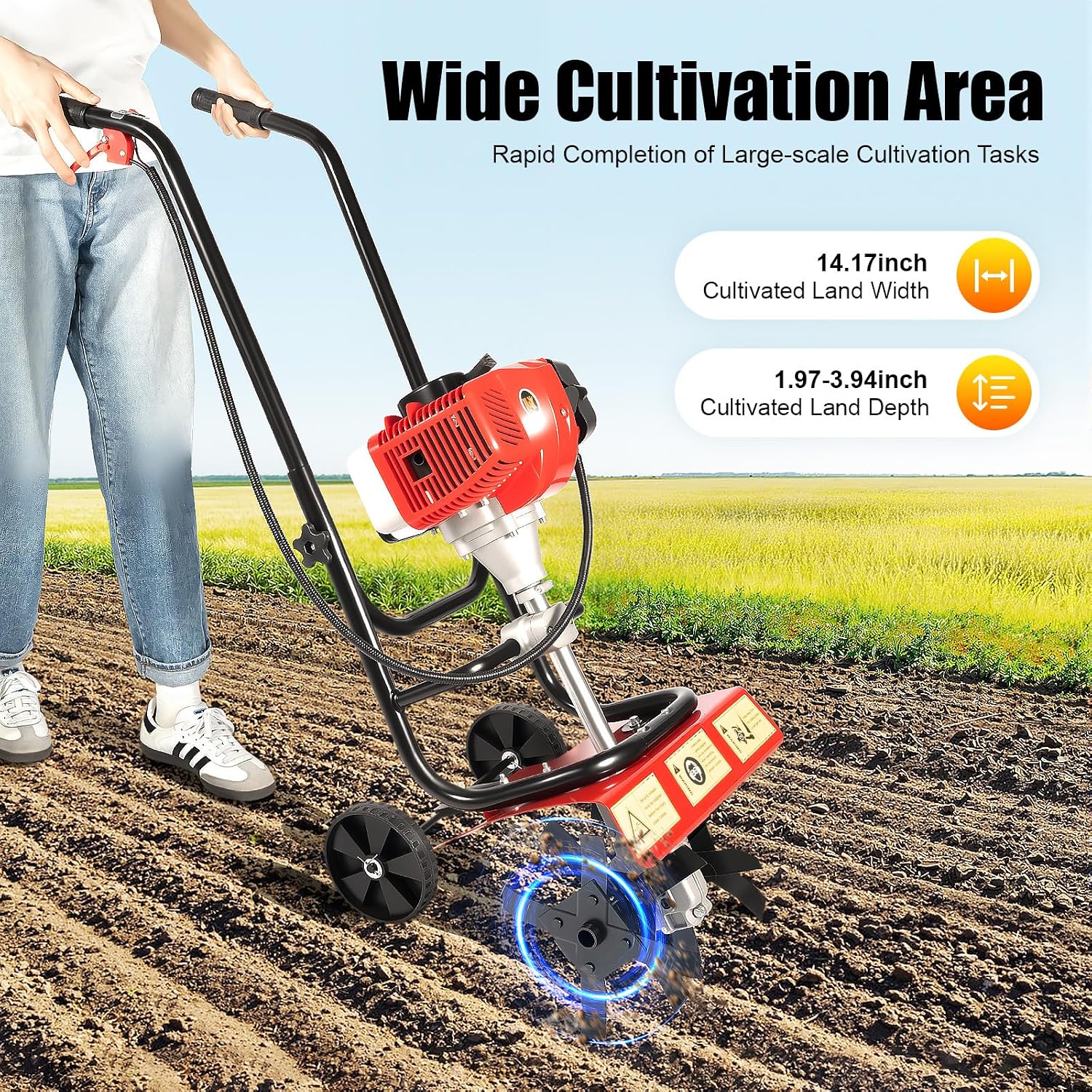 Gas Powered Tiller, 52Cc 2 Stroke Garden Yard Rototiller Tilling Cultivator Heavy Duty Gasoline Tiller with Adjustable Wheels & Long Handle for Plowing Turning Soil Ditching 1900W (52CC 2-Stroke)