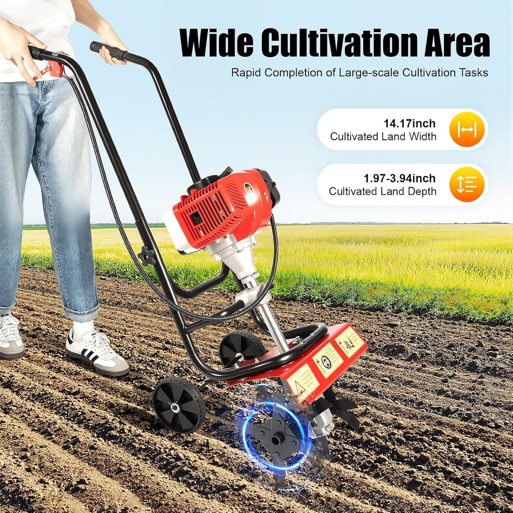 Mini Tiller Cultivator, 52CC 2-Stroke Gas Powered Rototiller Hand Rotary Cultivator Lightweight Tiller Garden Tool for Lawn, Digging, Weed Removal, Soil Cultivation