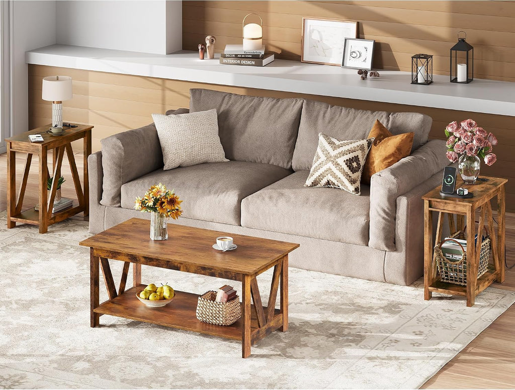 WLIVE End Tables Living Room Set of 2 with Charging Station, Sofa Side Tables with Open Storage Shelf, Slim Farmhouse End Table Sets, Greige