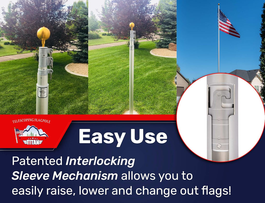 Titan Telescoping Flag Poles, 15ft Silver - Made in The USA Heavy Duty Flag Pole Kit with Anodized Aluminum Telescoping Flag Pole, 3 x 5 American Flag, Hardware for 2 Flags, Assembly Instructions
