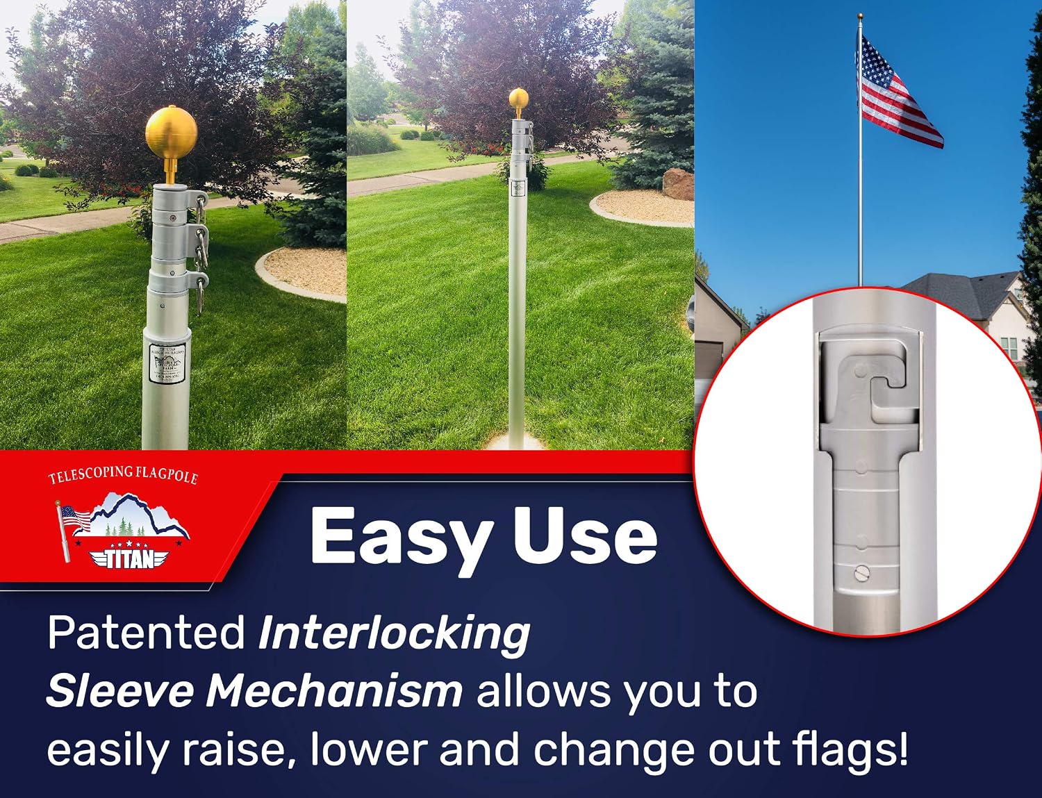 Titan Telescoping Flag Poles, 15ft Silver - Made in The USA Heavy Duty Flag Pole Kit with Anodized Aluminum Telescoping Flag Pole, 3 x 5 American Flag, Hardware for 2 Flags, Assembly Instructions