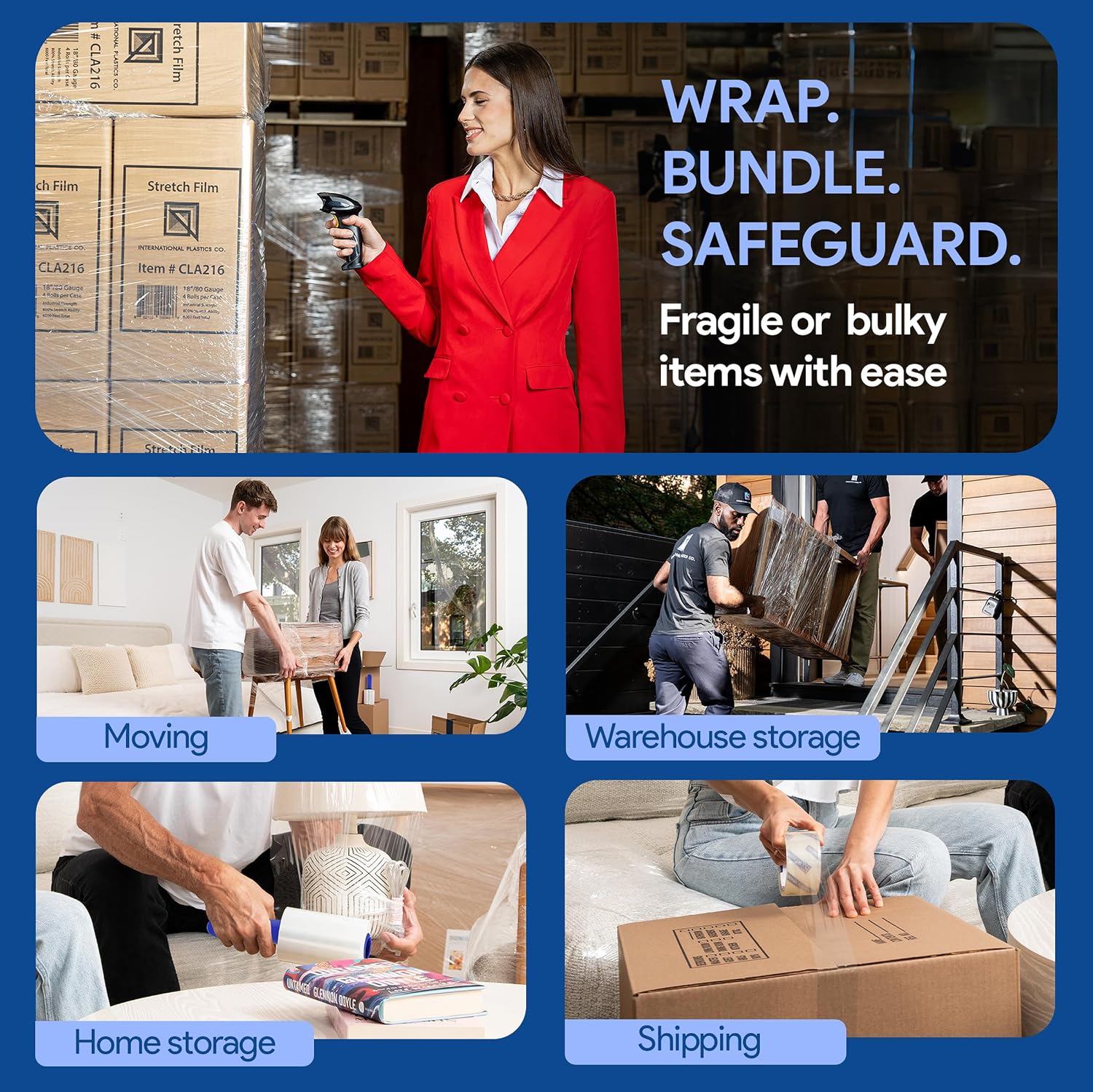 International Plastics Co. 5' Plastic Stretch Film Wrap with Rotating Handle 1000 feet 500% Stretch Ability (36 Pack, 5' Spinning Handles)